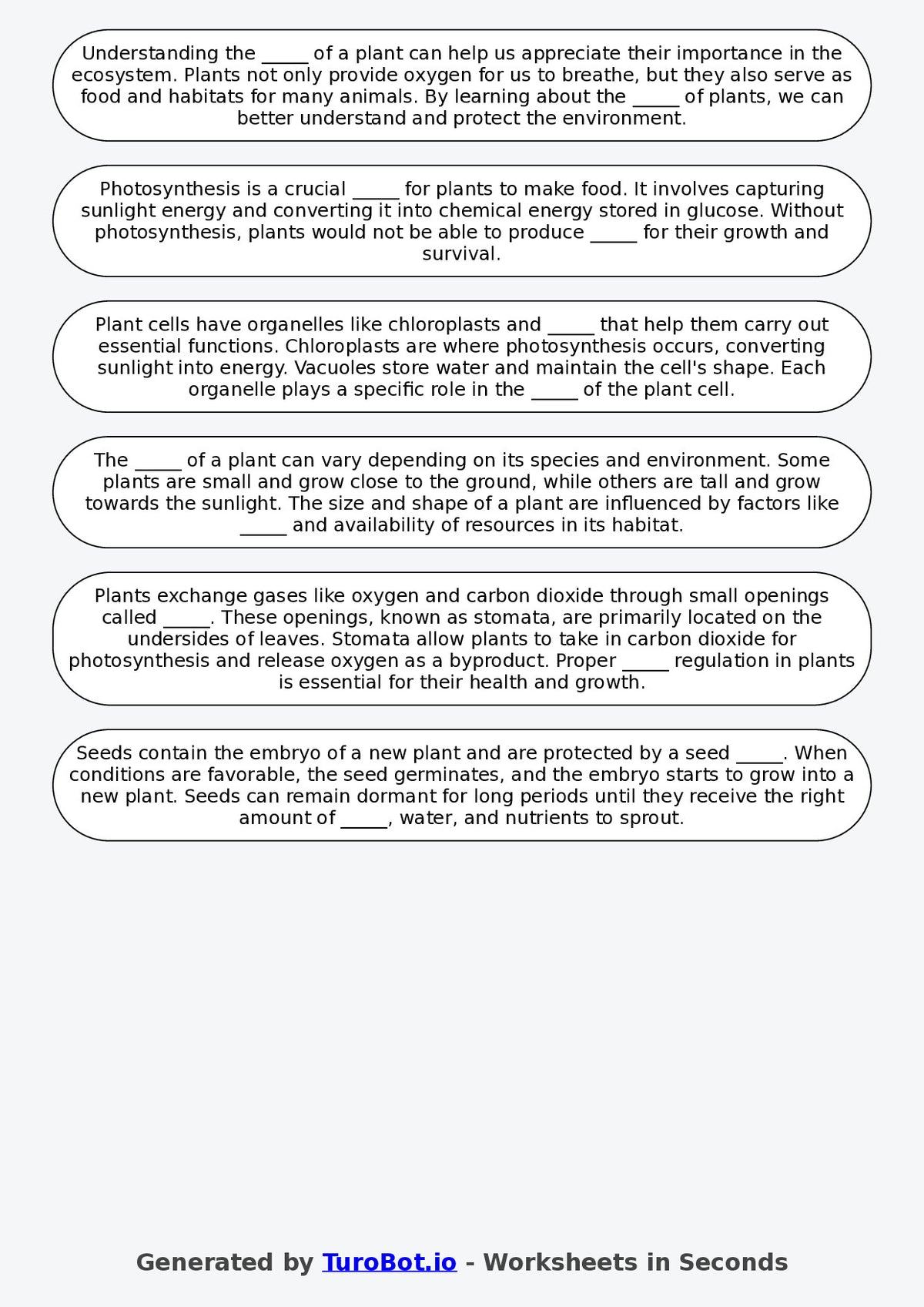 Year 2 Science Fill in the Blanks Worksheet – Parts of a Plant