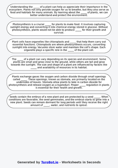 Year 2 Science Fill in the Blanks Worksheet – Parts of a Plant