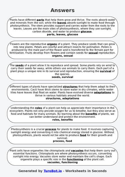 Year 2 Science Fill in the Blanks Worksheet – Parts of a Plant
