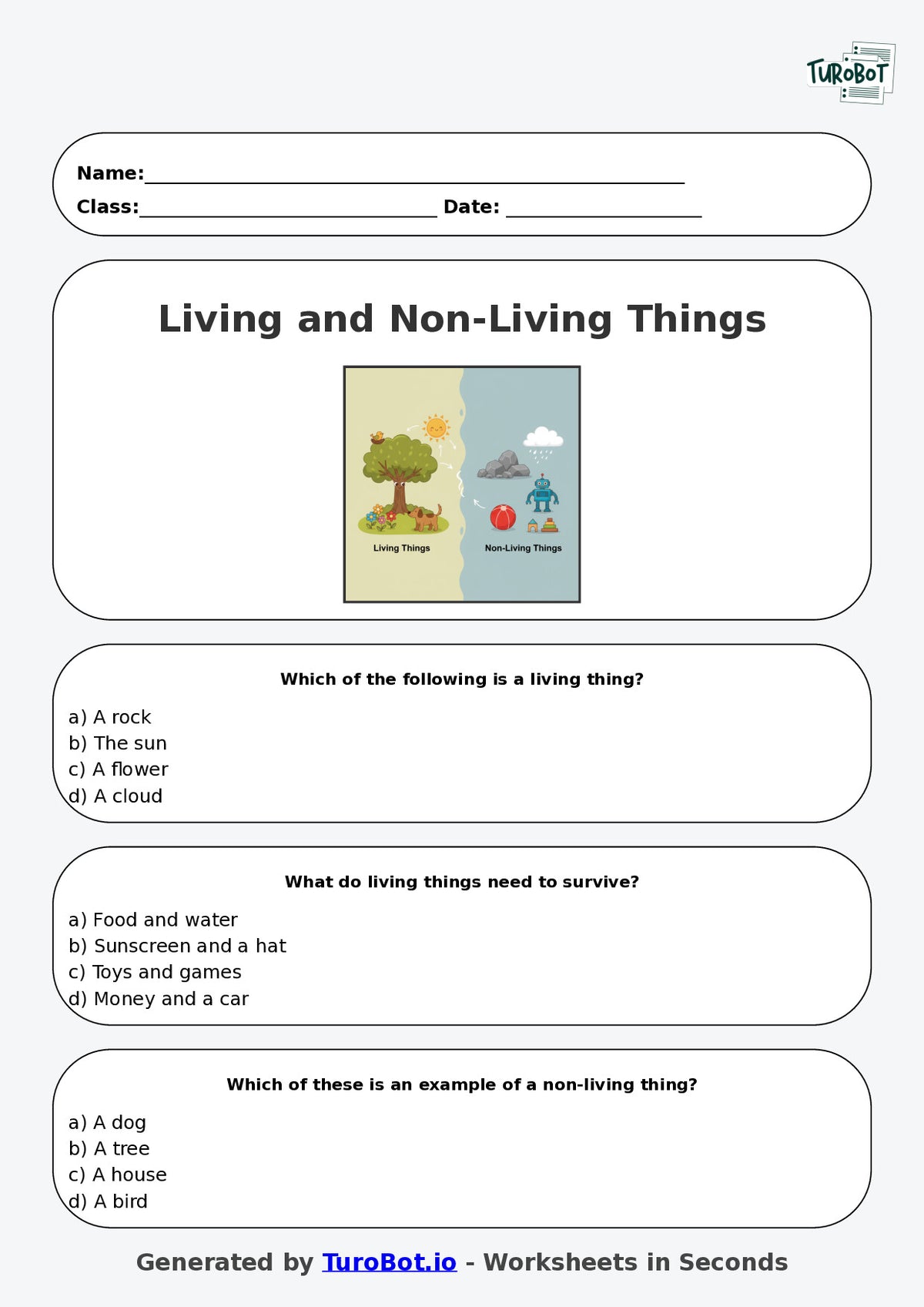 Year 3 Science Multiple Choice Worksheet – Living and Non Living Things