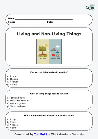 Year 3 Science Multiple Choice Worksheet – Living and Non Living Things