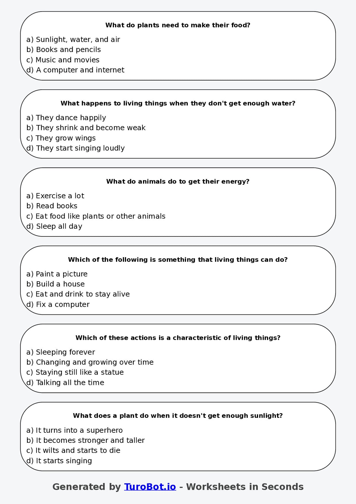 Year 3 Science Multiple Choice Worksheet – Living and Non Living Things