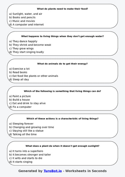 Year 3 Science Multiple Choice Worksheet – Living and Non Living Things
