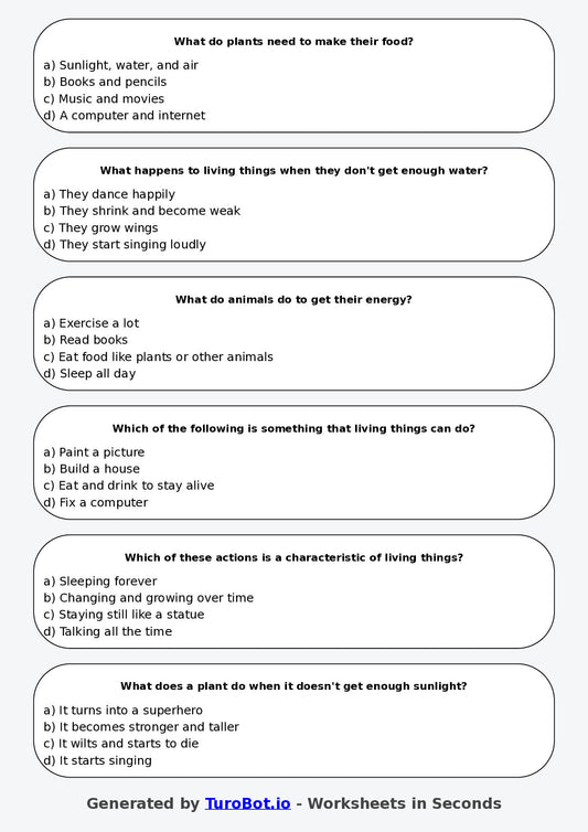 Year 3 Science Multiple Choice Worksheet – Living and Non Living Things