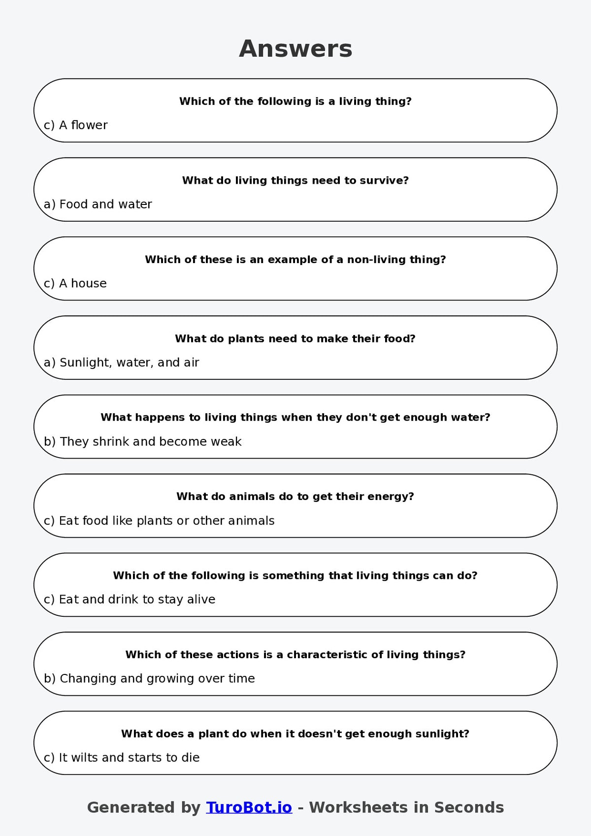 Year 3 Science Multiple Choice Worksheet – Living and Non Living Things