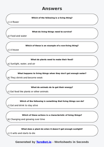 Year 3 Science Multiple Choice Worksheet – Living and Non Living Things