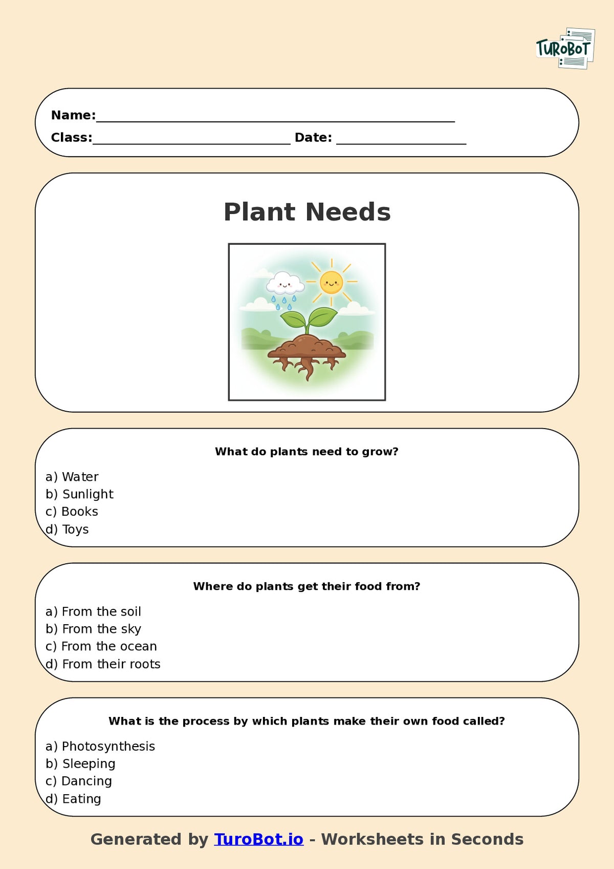 Year 3 Science Multiple Choice Worksheet – Plant Needs and Growth