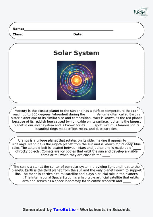 Year 4 Science Fill in the Blanks Worksheet – The Solar System