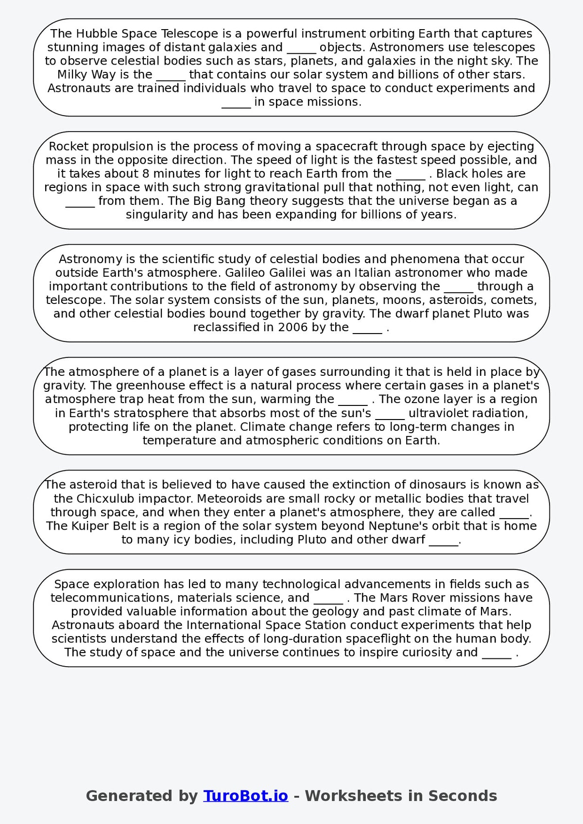 Year 4 Science Fill in the Blanks Worksheet – The Solar System