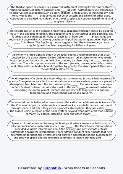 Year 4 Science Fill in the Blanks Worksheet – The Solar System