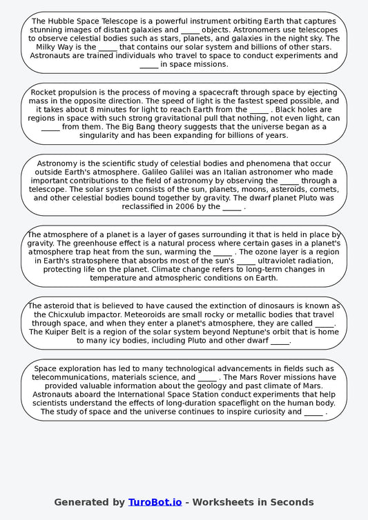 Year 4 Science Fill in the Blanks Worksheet – The Solar System