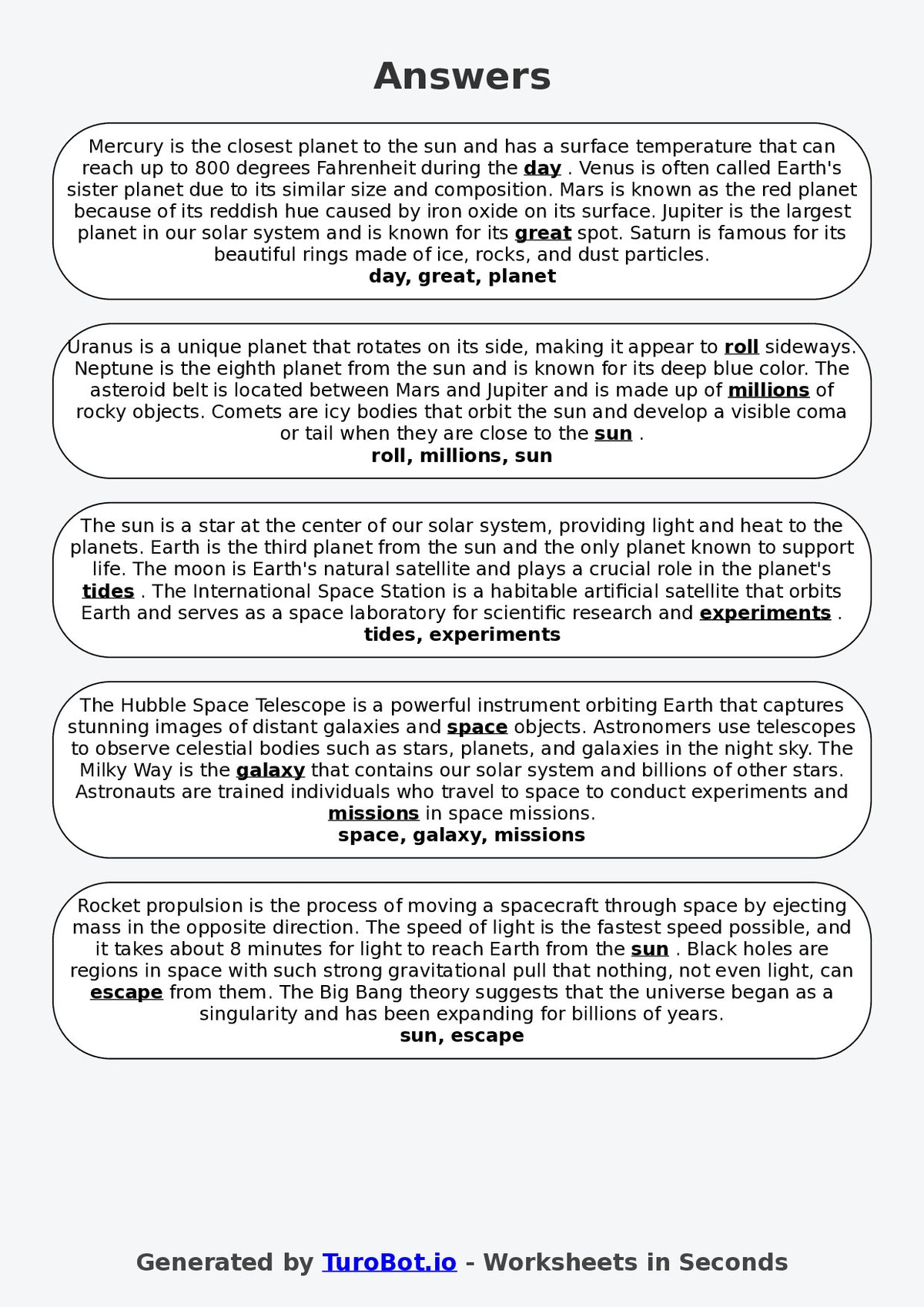 Year 4 Science Fill in the Blanks Worksheet – The Solar System