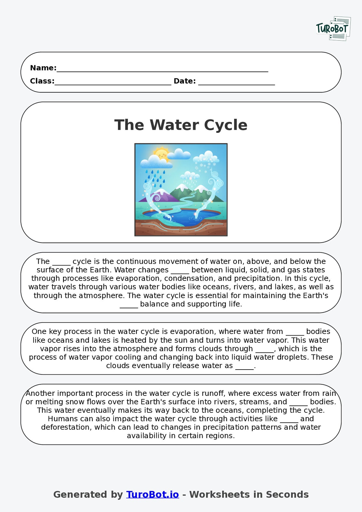 Year 4 Science Fill in the Blanks Worksheet – The Water Cycle