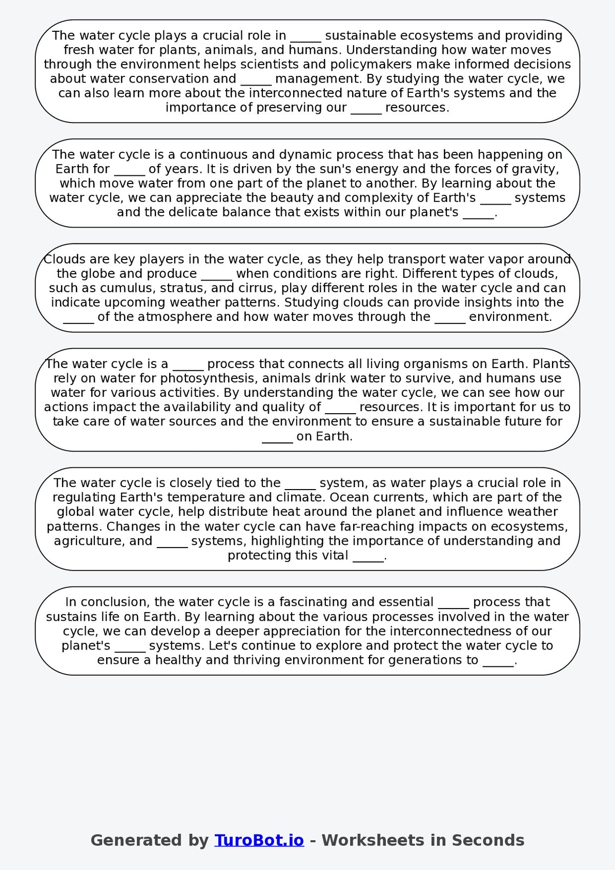 Year 4 Science Fill in the Blanks Worksheet – The Water Cycle