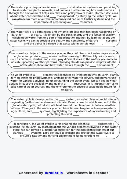 Year 4 Science Fill in the Blanks Worksheet – The Water Cycle