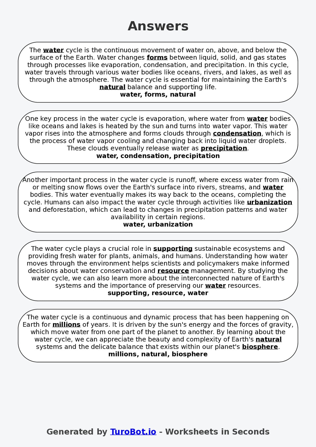 Year 4 Science Fill in the Blanks Worksheet – The Water Cycle