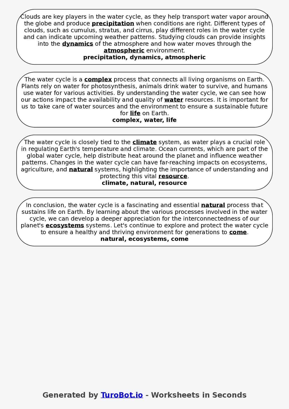 Year 4 Science Fill in the Blanks Worksheet – The Water Cycle
