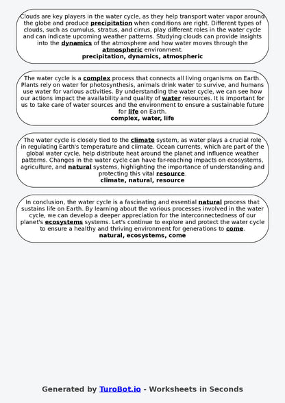 Year 4 Science Fill in the Blanks Worksheet – The Water Cycle