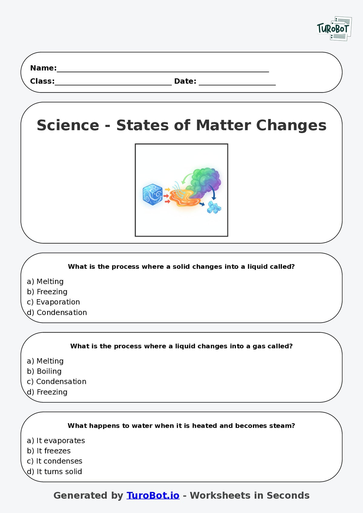 Year 4 Science Multiple Choice Worksheet – States of Matter Changes