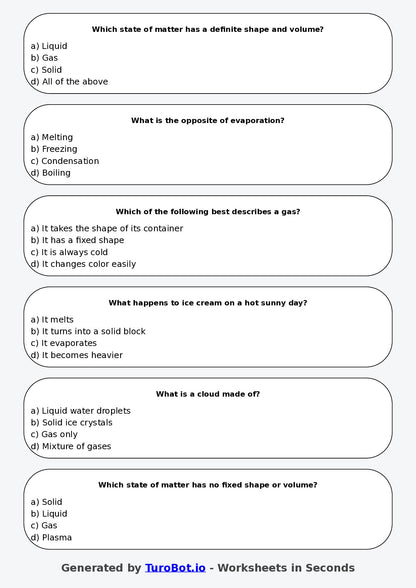 Year 4 Science Multiple Choice Worksheet – States of Matter Changes