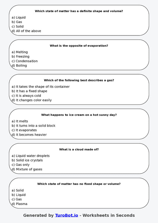 Year 4 Science Multiple Choice Worksheet – States of Matter Changes