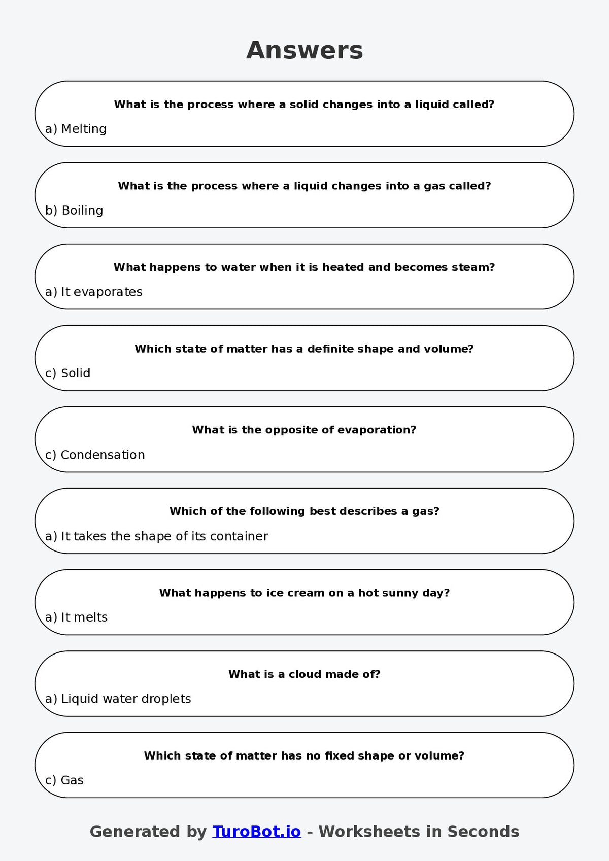 Year 4 Science Multiple Choice Worksheet – States of Matter Changes
