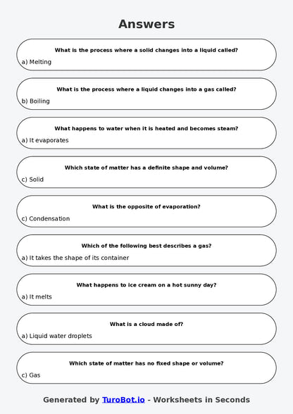 Year 4 Science Multiple Choice Worksheet – States of Matter Changes