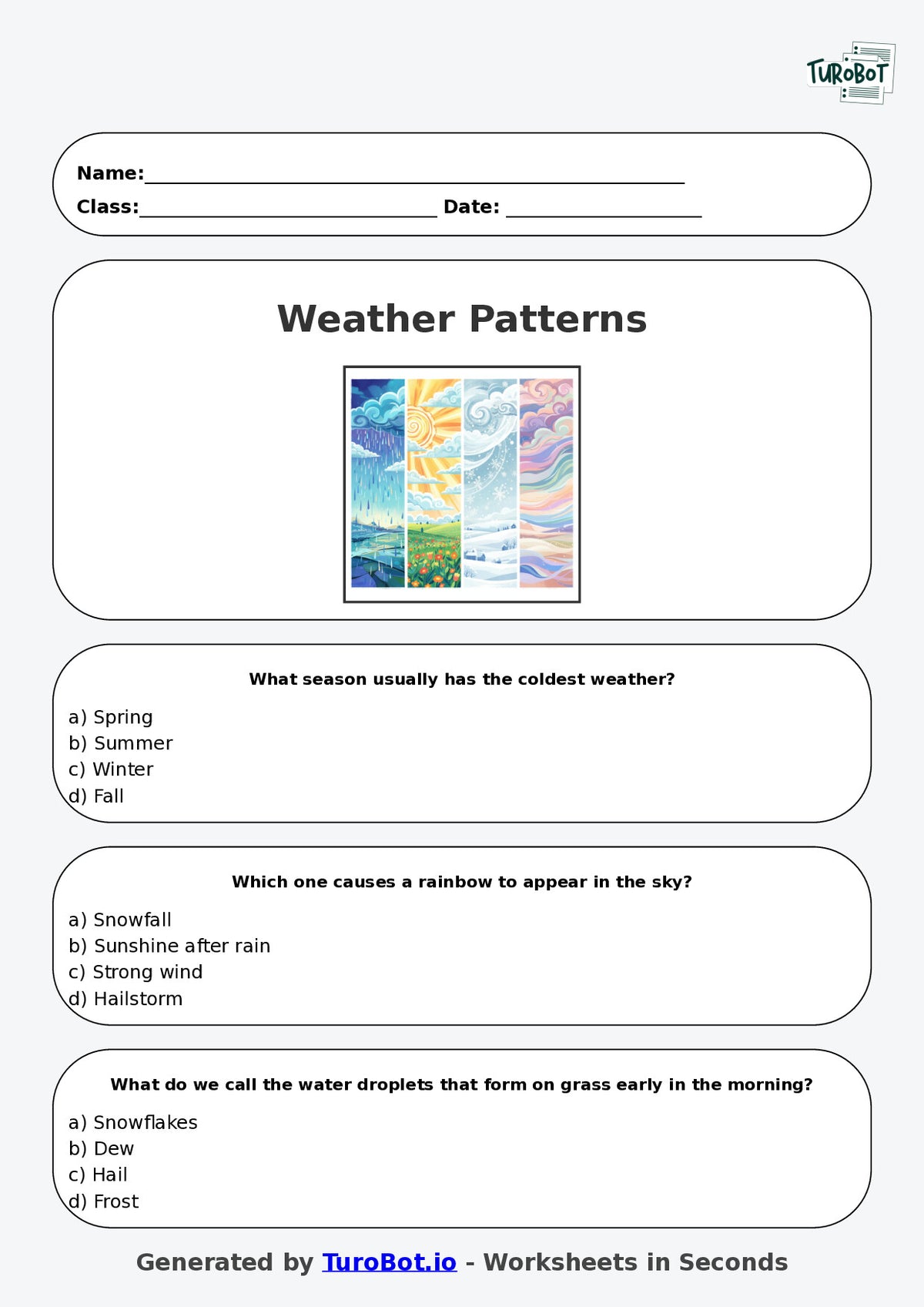 Year 4 Science Multiple Choice Worksheet – Weather Patterns and Seasons