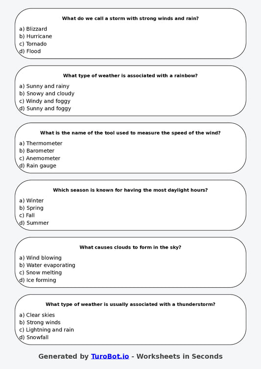 Year 4 Science Multiple Choice Worksheet – Weather Patterns and Seasons