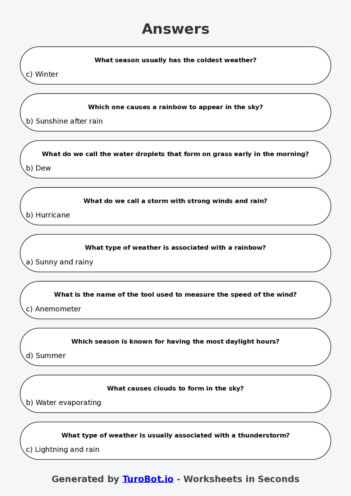 Year 4 Science Multiple Choice Worksheet – Weather Patterns and Seasons