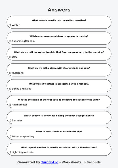 Year 4 Science Multiple Choice Worksheet – Weather Patterns and Seasons
