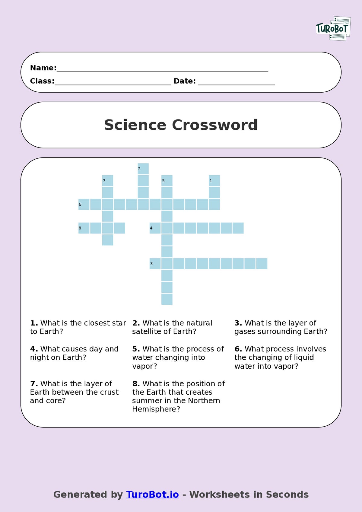 Year 5 Science Crossword Worksheet – Earth, Sun and Moon