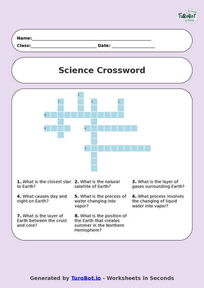 Year 5 Science Crossword Worksheet – Earth, Sun and Moon