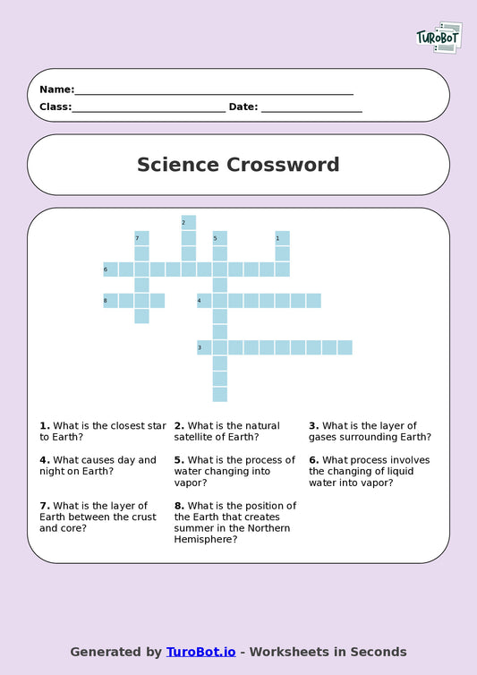 Year 5 Science Crossword Worksheet – Earth, Sun and Moon