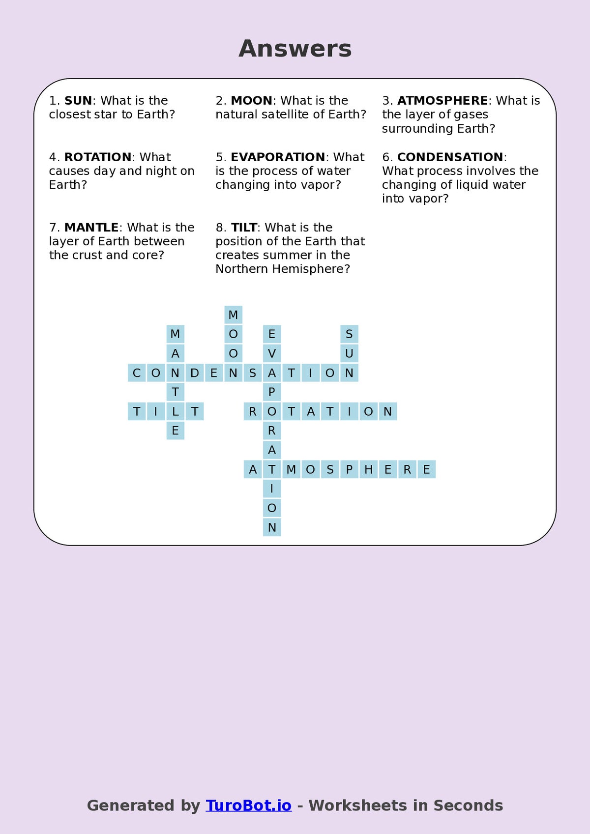 Year 5 Science Crossword Worksheet – Earth, Sun and Moon