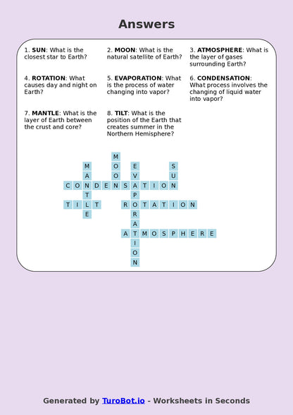 Year 5 Science Crossword Worksheet – Earth, Sun and Moon
