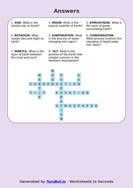 Year 5 Science Crossword Worksheet – Earth, Sun and Moon