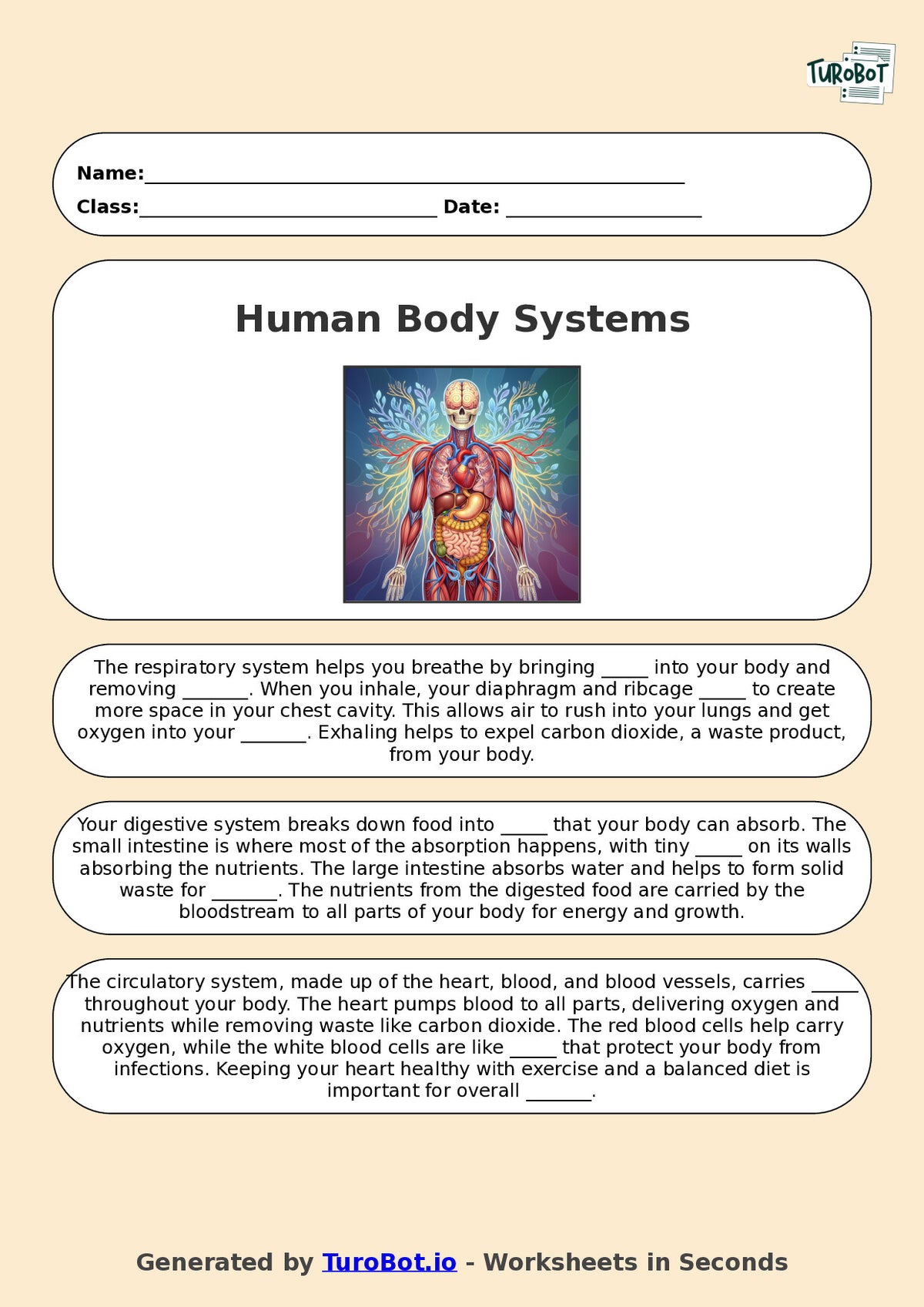 Year 5 Science Fill in the Blanks Worksheet – Human Body Systems