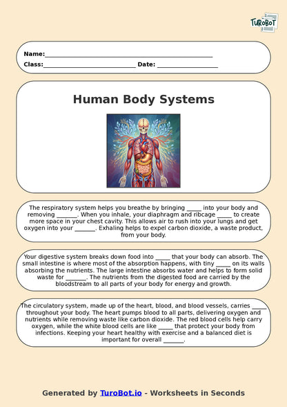 Year 5 Science Fill in the Blanks Worksheet – Human Body Systems