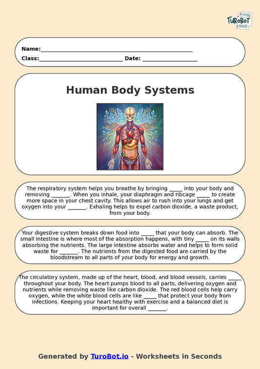 Year 5 Science Fill in the Blanks Worksheet – Human Body Systems