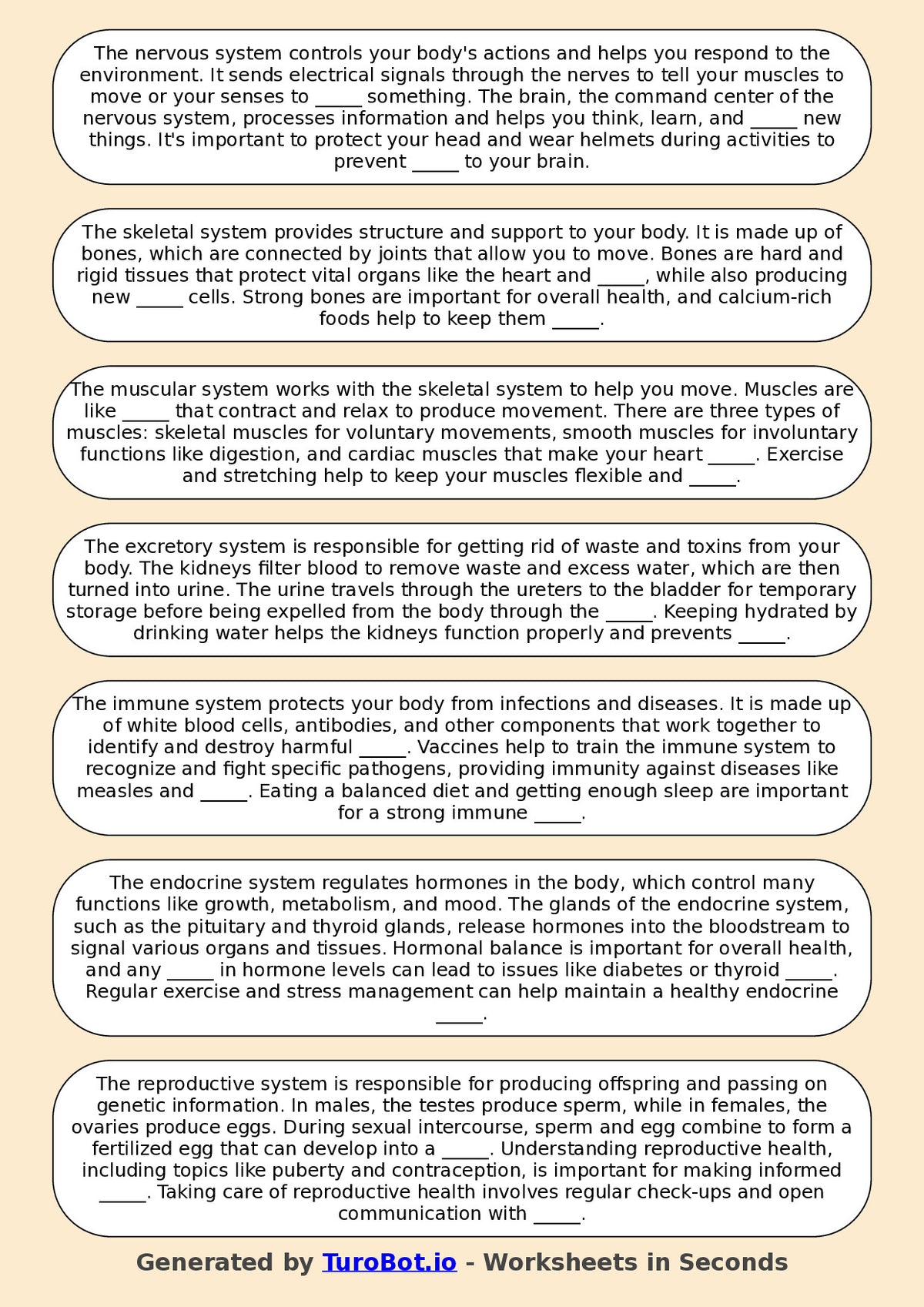 Year 5 Science Fill in the Blanks Worksheet – Human Body Systems