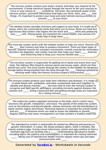 Year 5 Science Fill in the Blanks Worksheet – Human Body Systems