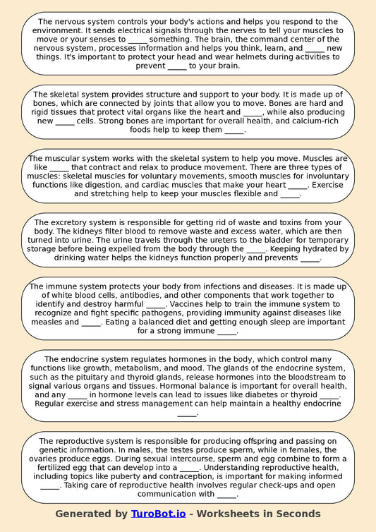 Year 5 Science Fill in the Blanks Worksheet – Human Body Systems