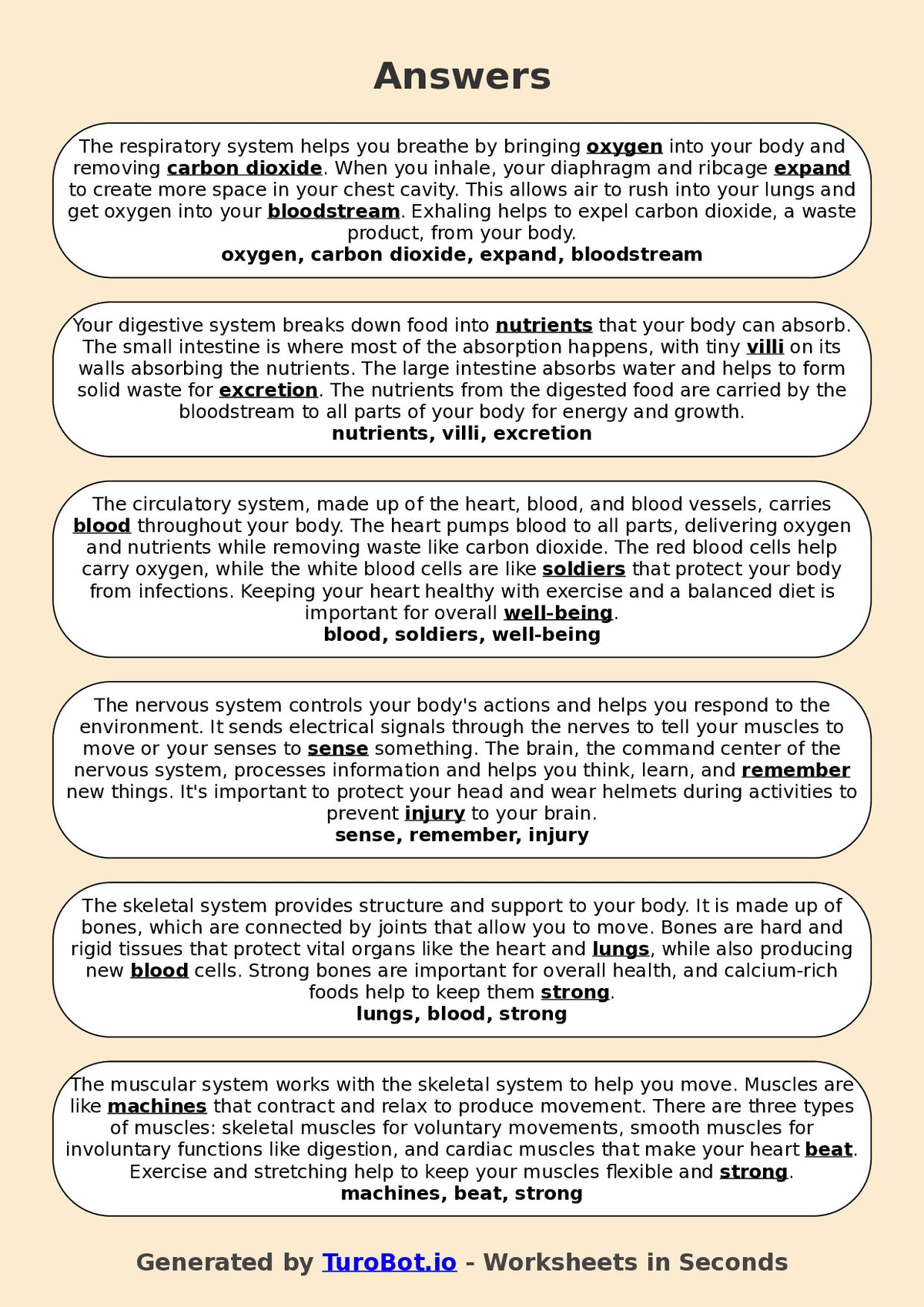 Year 5 Science Fill in the Blanks Worksheet – Human Body Systems
