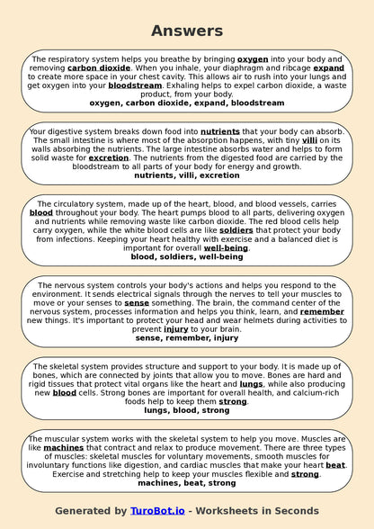 Year 5 Science Fill in the Blanks Worksheet – Human Body Systems