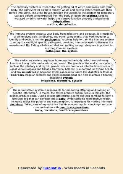Year 5 Science Fill in the Blanks Worksheet – Human Body Systems