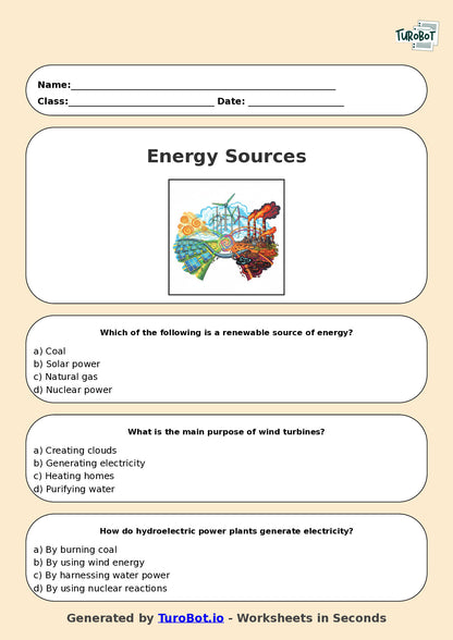 Year 5 Science Multiple Choice Worksheet – Energy Sources and Uses
