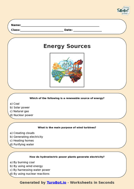 Year 5 Science Multiple Choice Worksheet – Energy Sources and Uses