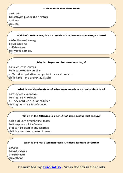 Year 5 Science Multiple Choice Worksheet – Energy Sources and Uses