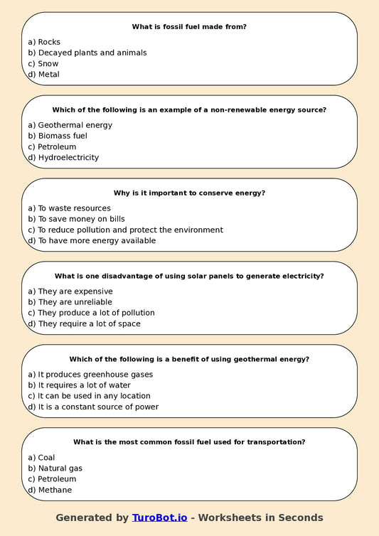 Year 5 Science Multiple Choice Worksheet – Energy Sources and Uses